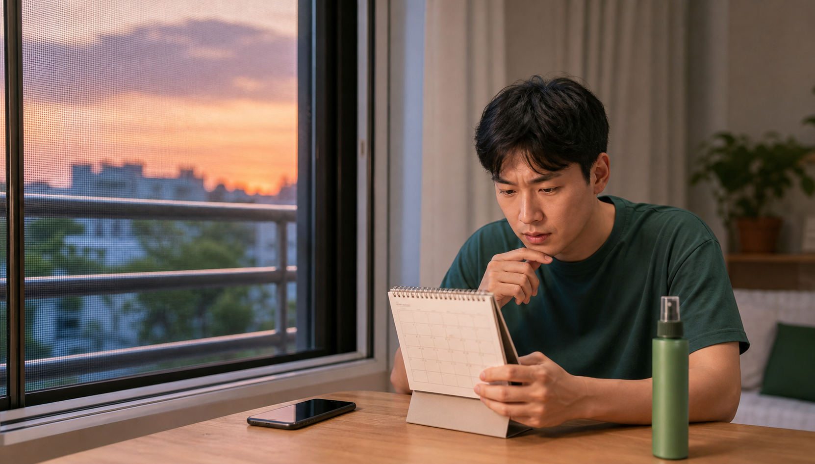 여름 저녁 야외활동 뒤 모기 기피제와 달력을 함께 확인하는 성인