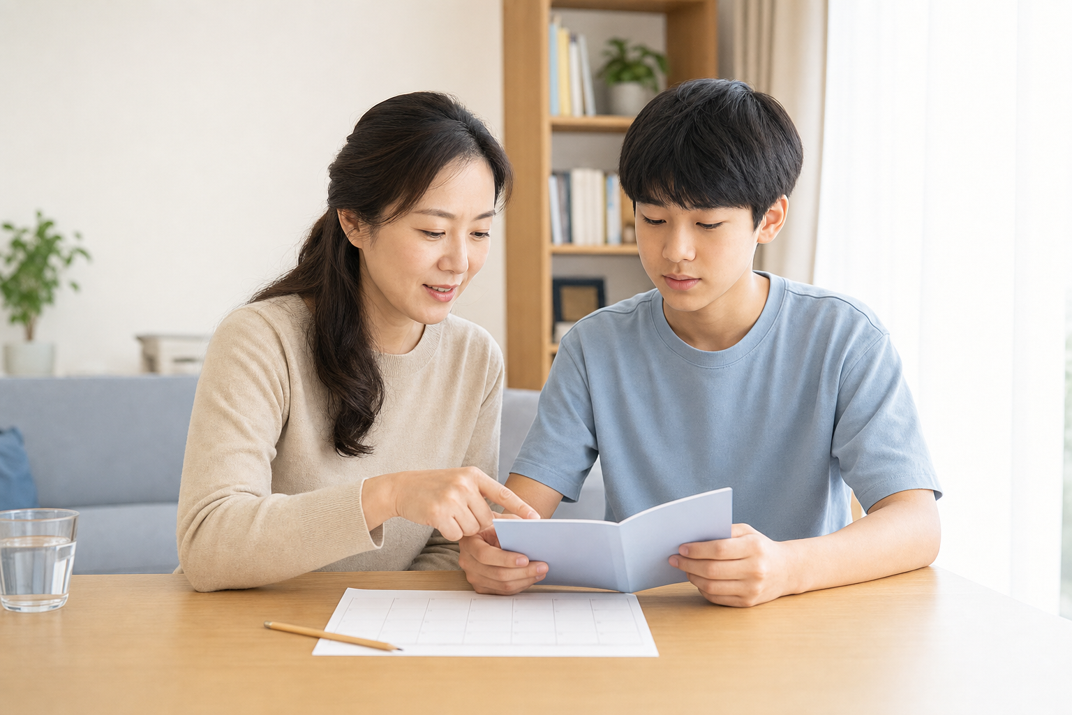 여름방학 안내문과 예방접종 수첩을 함께 확인하는 보호자와 남학생