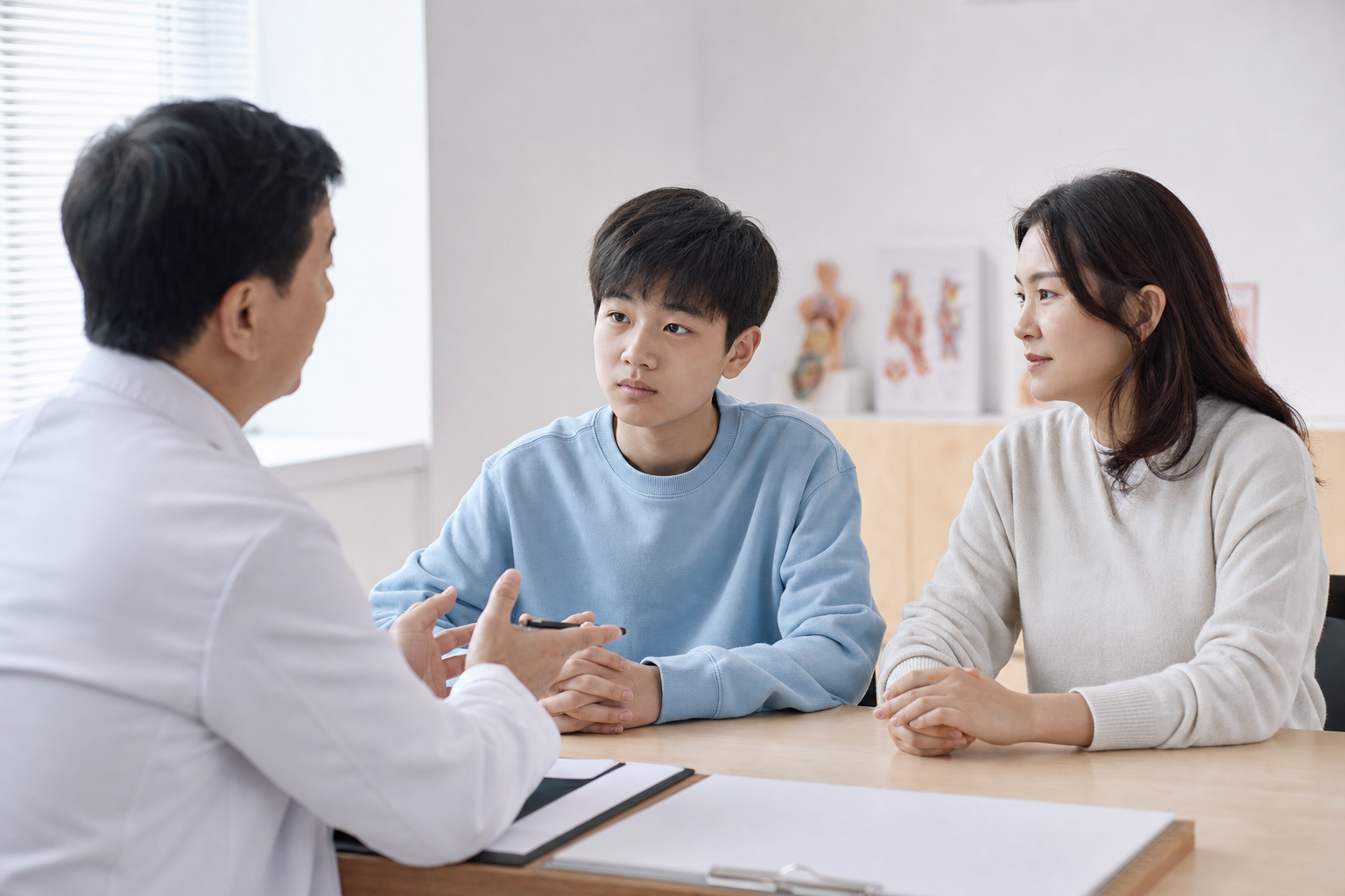 진료실에서 보호자와 청소년이 접종 필요성을 상담하는 장면