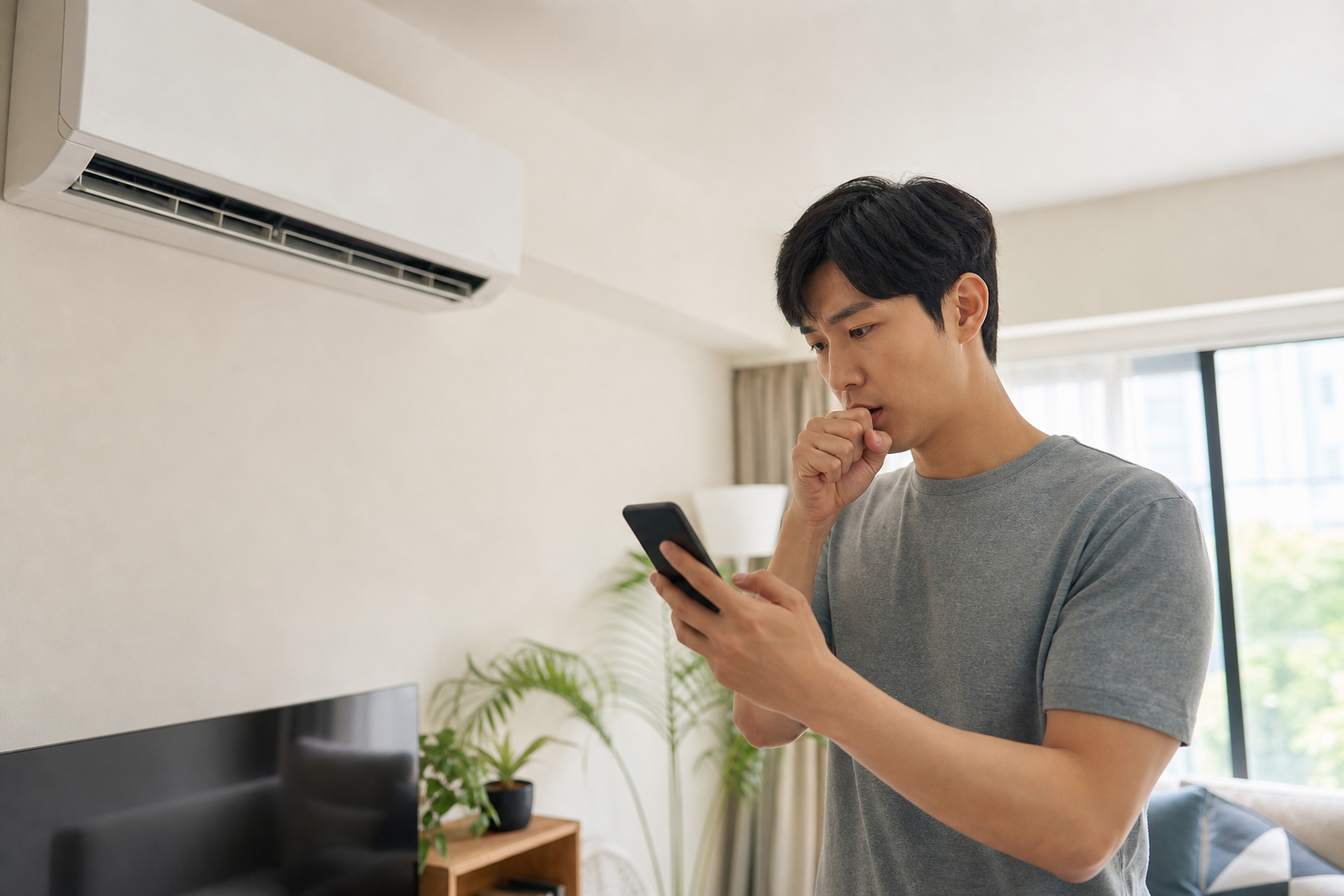 거실 벽걸이 에어컨 아래에서 휴대전화를 보며 여름철 기침 원인을 확인하는 성인