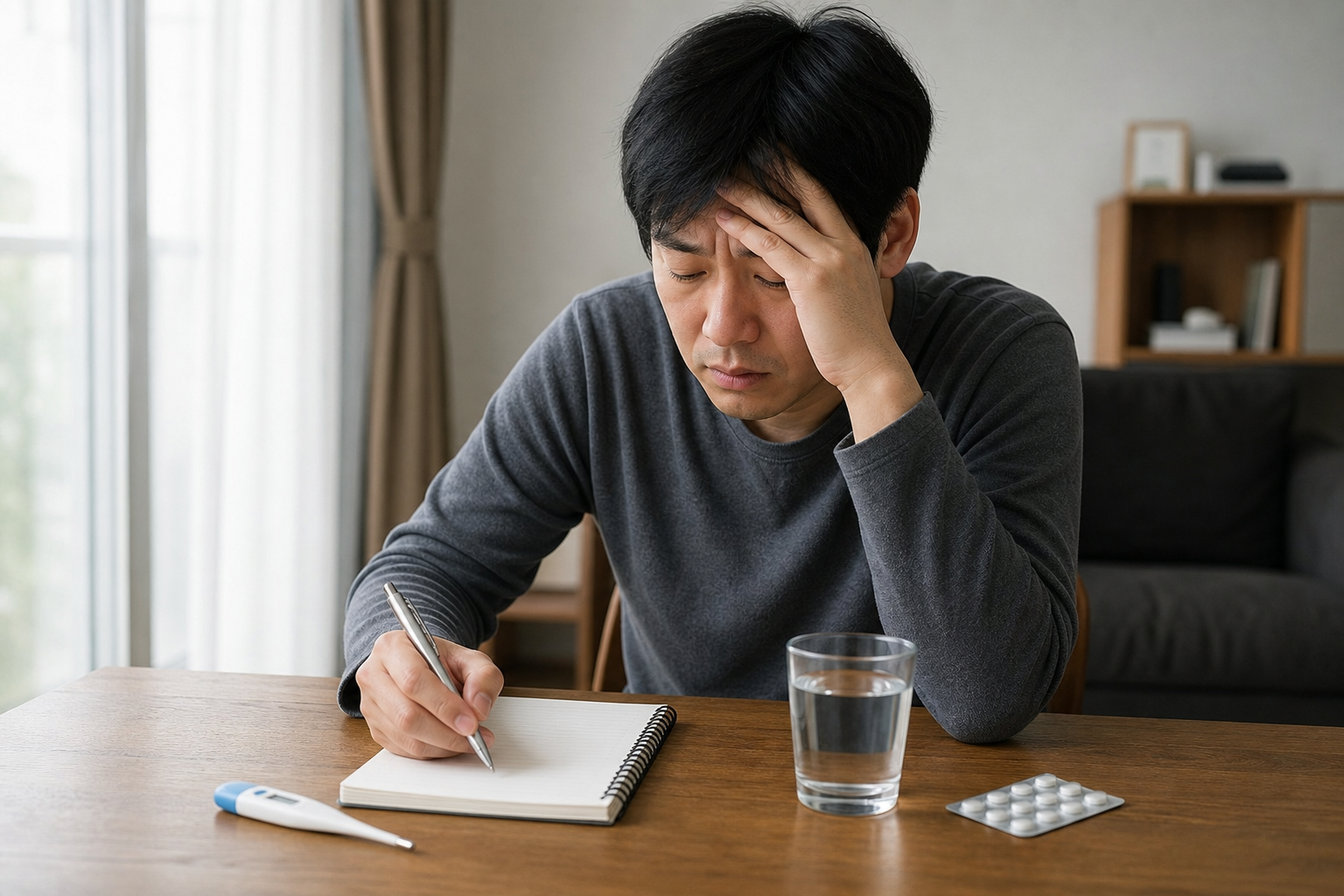 체온계와 메모장 옆에서 기침과 발열 시작 시각을 적는 성인