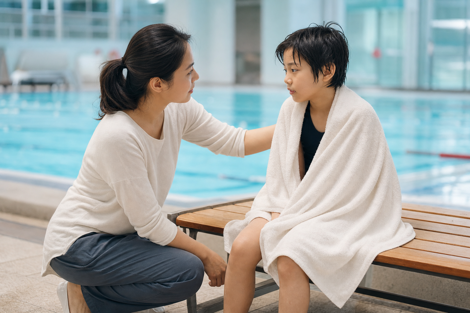 물놀이 뒤 아이 상태를 살피는 보호자의 교육용 연출 장면