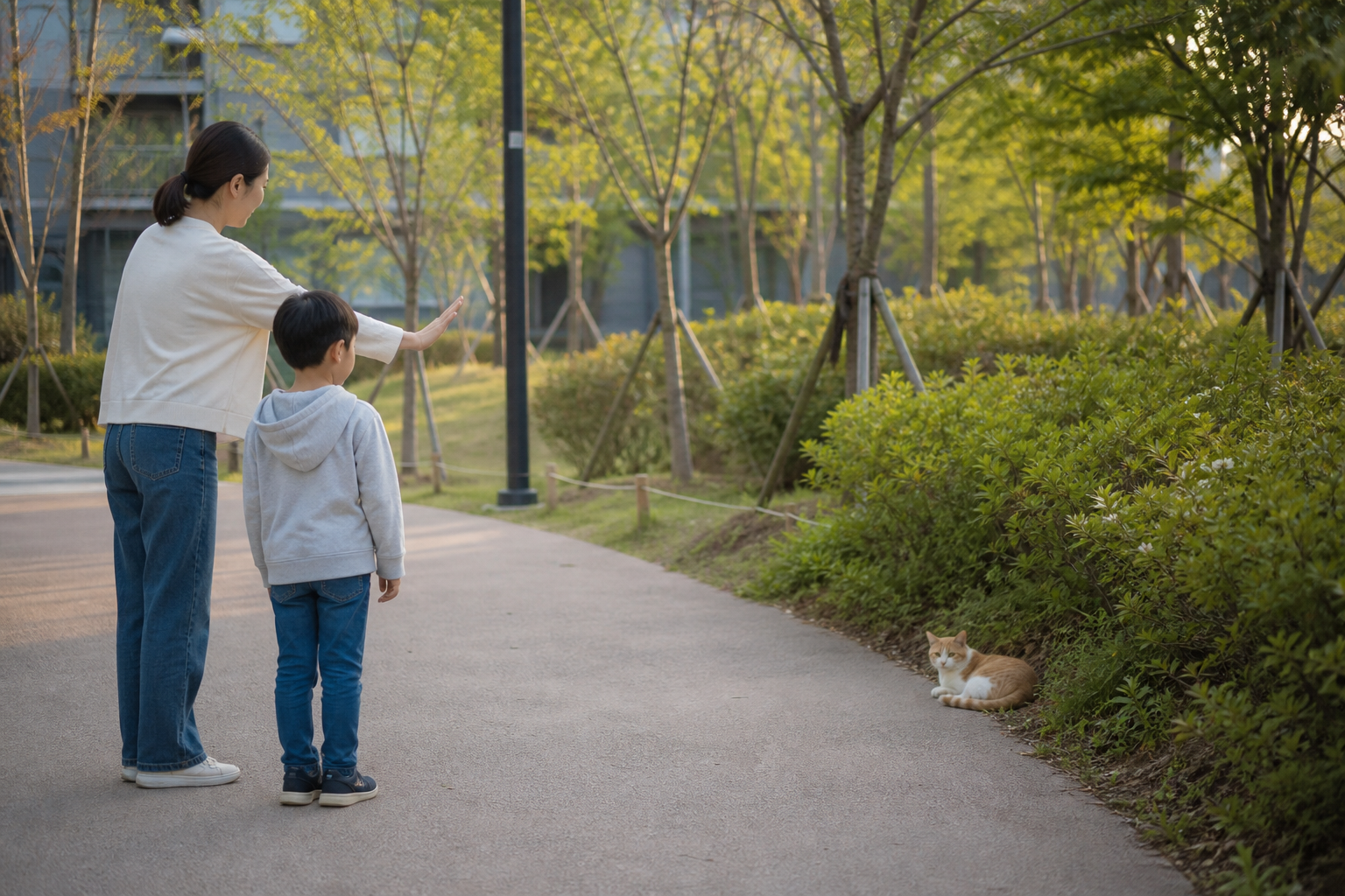 동탄 주거지 공원에서 보호자와 아이가 낯선 고양이에게 다가가지 않고 안전거리를 두는 모습