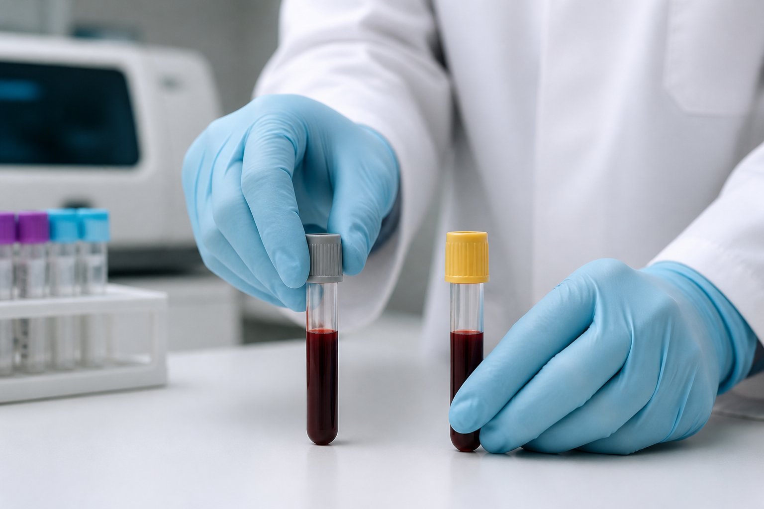 진단검사실에서 서로 다른 마개의 혈액 검체 두 개로 항체 선별검사와 RNA 확인 순서를 보여주는 장면