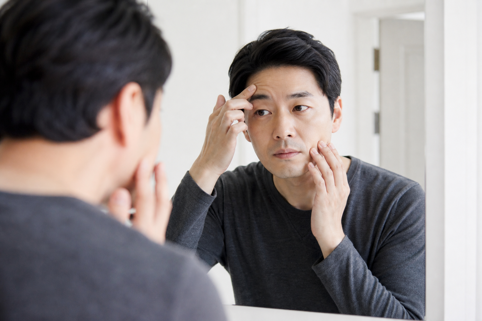 밝은 집의 거울 앞에서 성인이 눈썹과 눈꺼풀과 입꼬리 움직임을 차분히 살피는 장면