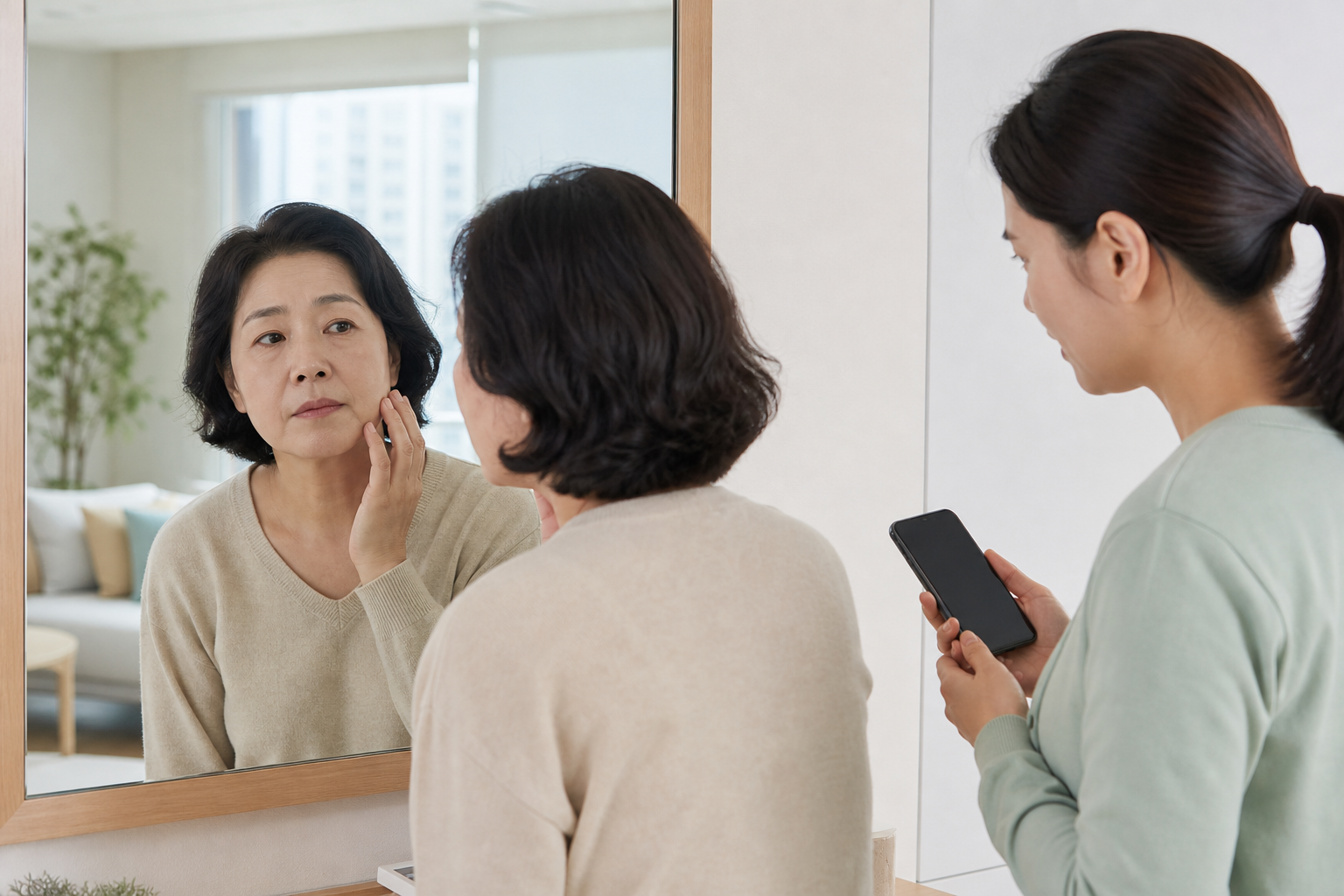 동탄의 집에서 한쪽 얼굴 움직임 변화를 거울로 확인하며 가족이 전화 준비를 돕는 모습