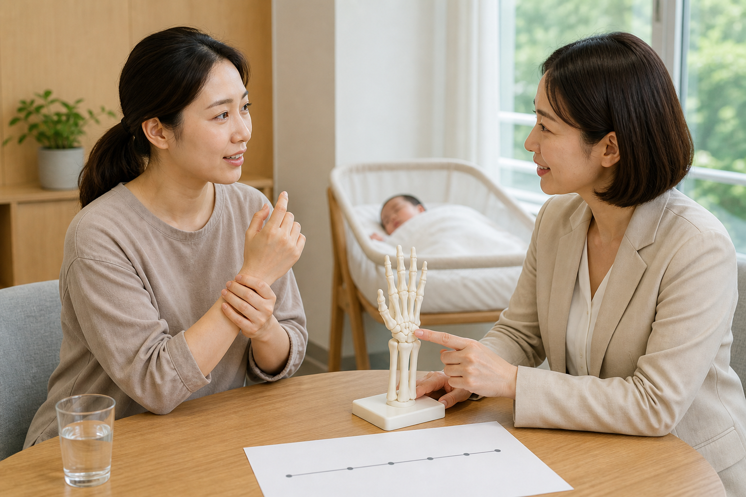 가상의 상담자가 손목 모형과 증상 기록을 보며 산후 보호자의 설명을 듣는 장면