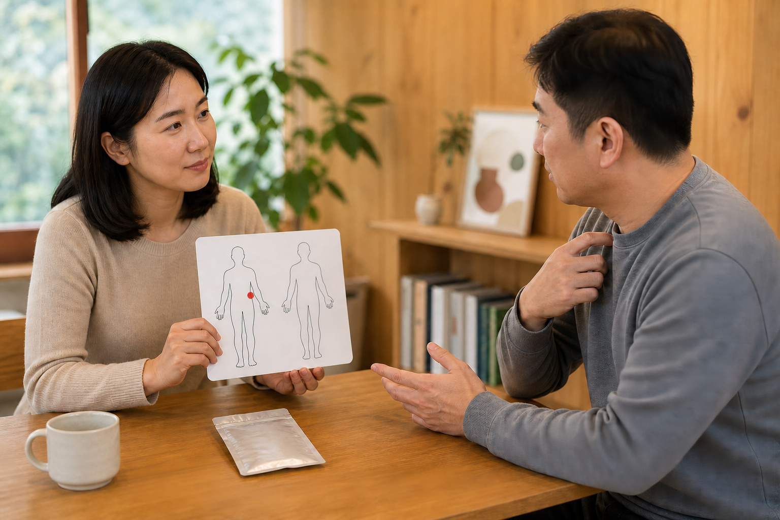 가상의 상담자가 증상 위치와 시작 시각 기록을 보며 친절하게 설명을 듣는 교육 장면