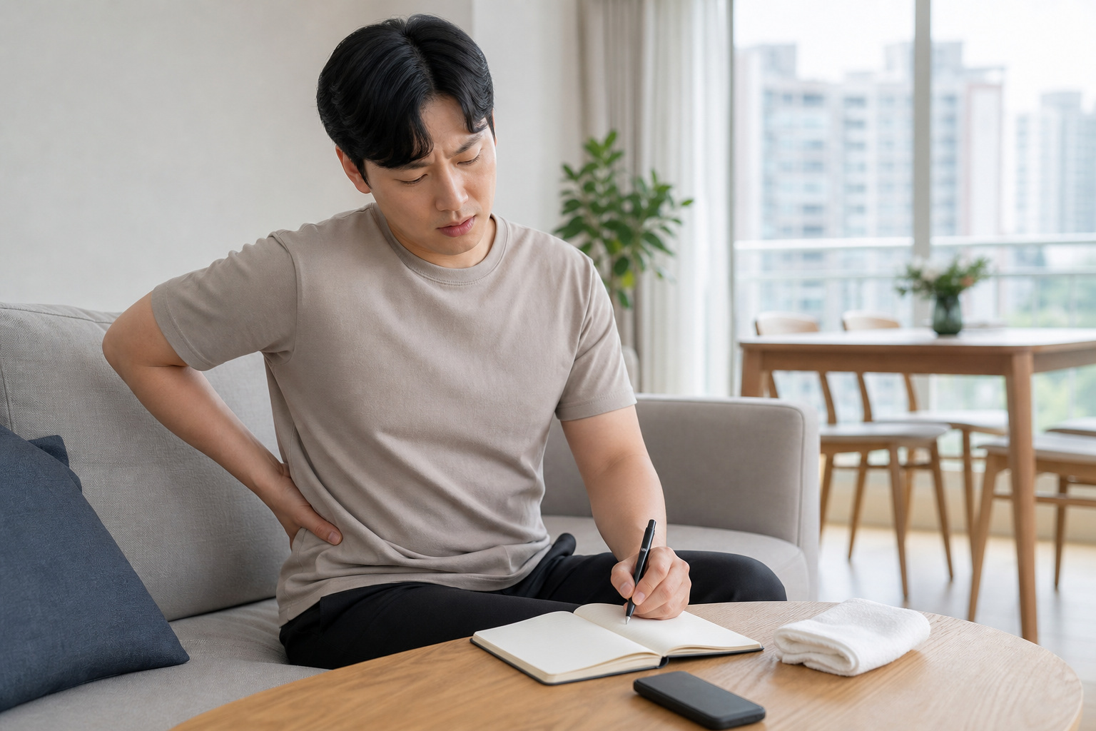 피부 불편이 시작된 시각을 메모하는 교육용 연출 장면