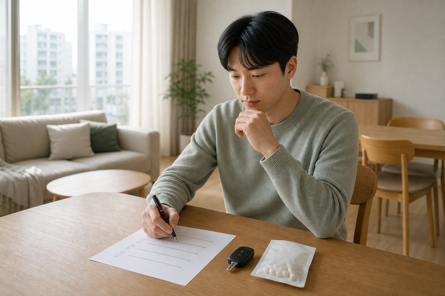 동탄의 집에서 사고 뒤 움직임과 수면 변화를 차분히 정리하는 교육용 가상 인물