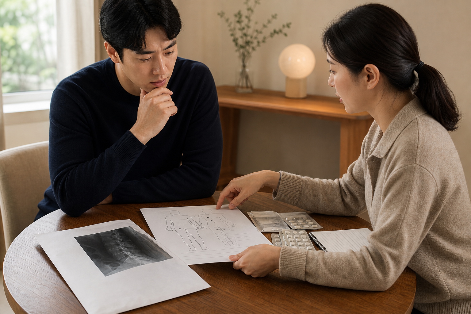 일반 상담 공간에서 가상의 상담자와 방문자가 검사 결과와 복용약, 생활 기능 메모를 함께 살펴보는 교육 장면