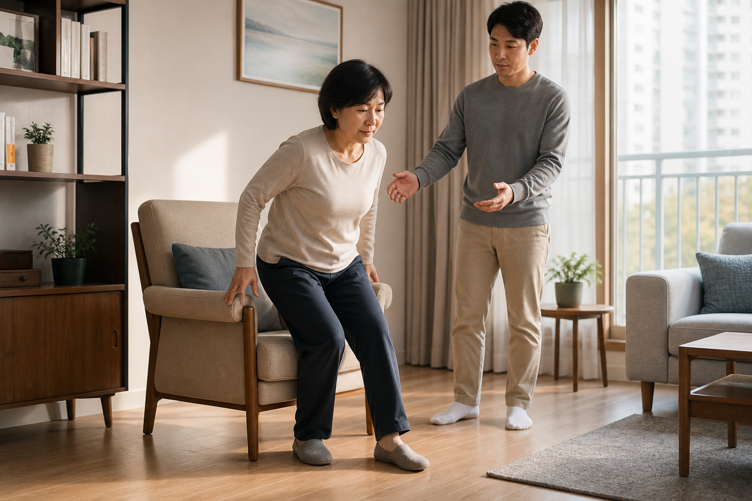 교육용 가상 인물이 의자에서 일어나기와 짧은 보행을 가족과 함께 안전하게 확인하는 생활 기능 장면