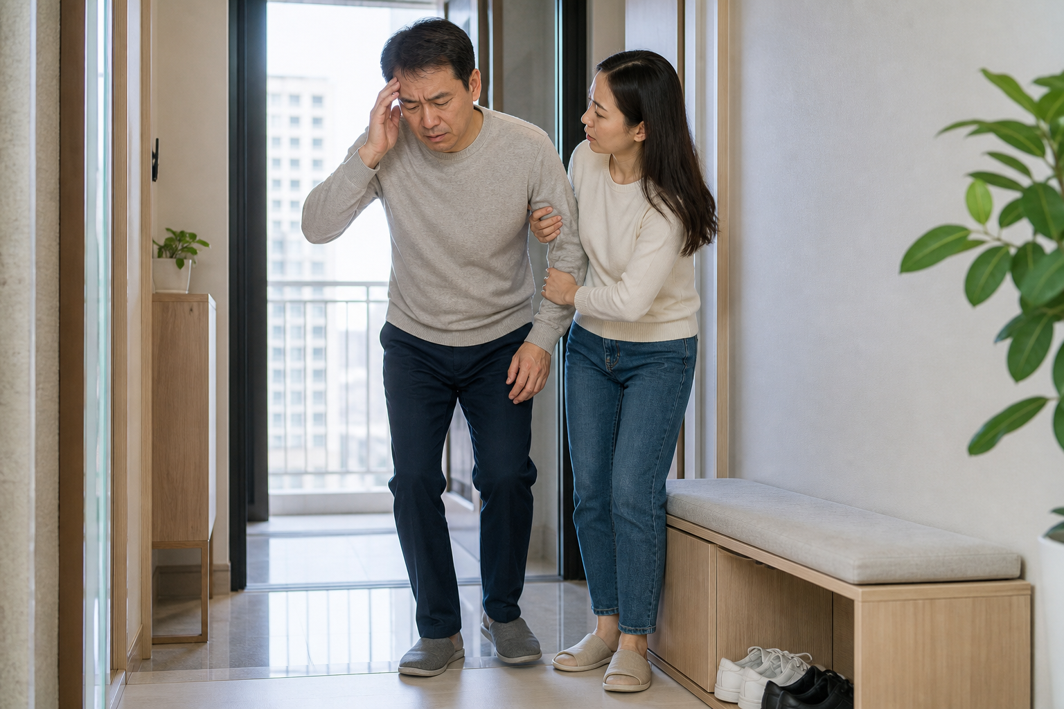 사고 뒤 심한 어지럼과 보행 불안을 느끼는 가상 인물을 가족이 안전하게 부축하는 교육 장면