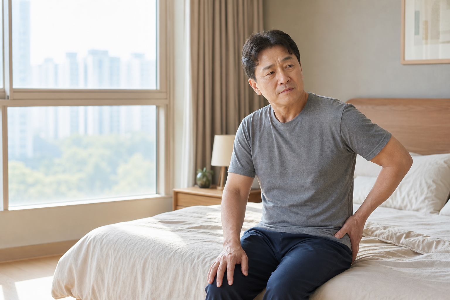 동탄 생활권의 아침 침실에서 엉덩이 바깥쪽 위치를 짚어 보는 교육용 가상 성인