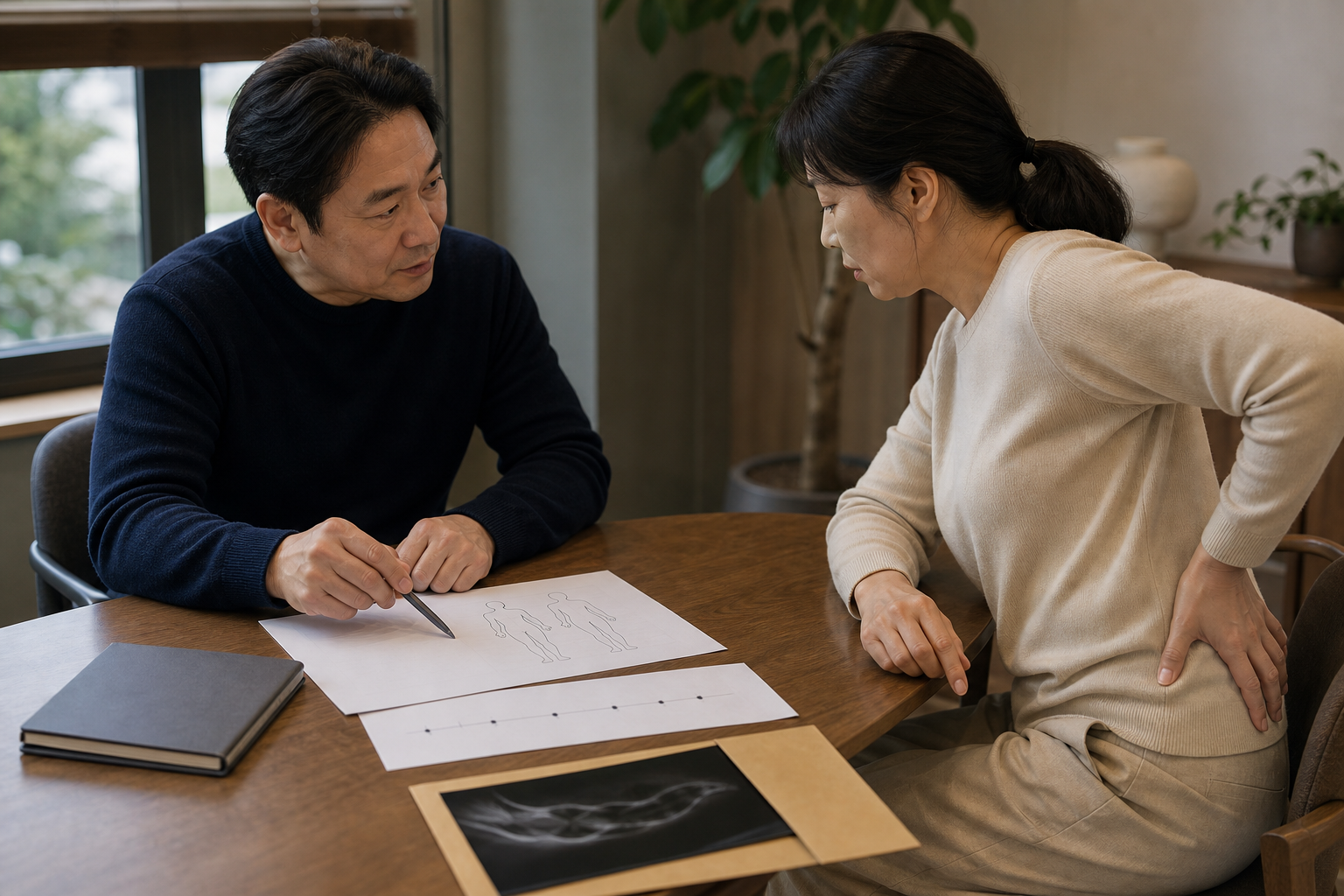 일반 상담 공간에서 엉덩이 바깥쪽 위치와 활동 기록을 함께 살피는 교육용 가상 상담 장면