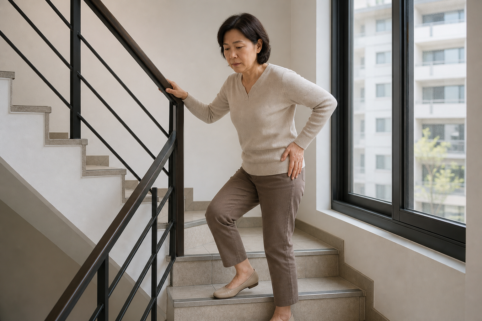 계단을 오르며 엉덩이 바깥쪽 부하 순간을 살피는 교육용 가상 성인