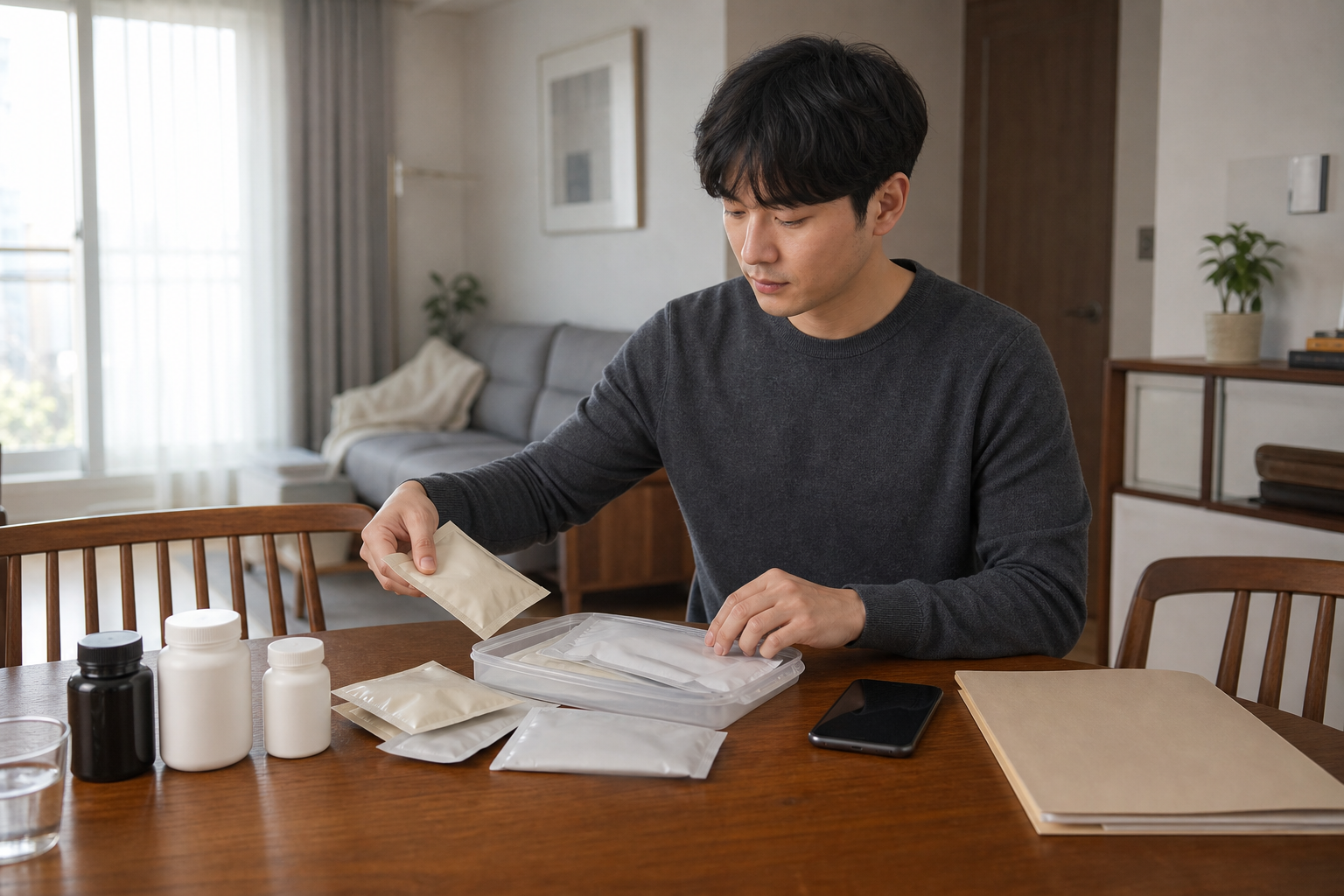 동탄 생활권의 집에서 수술 전 한약과 복용약을 정리하는 교육용 가상 성인