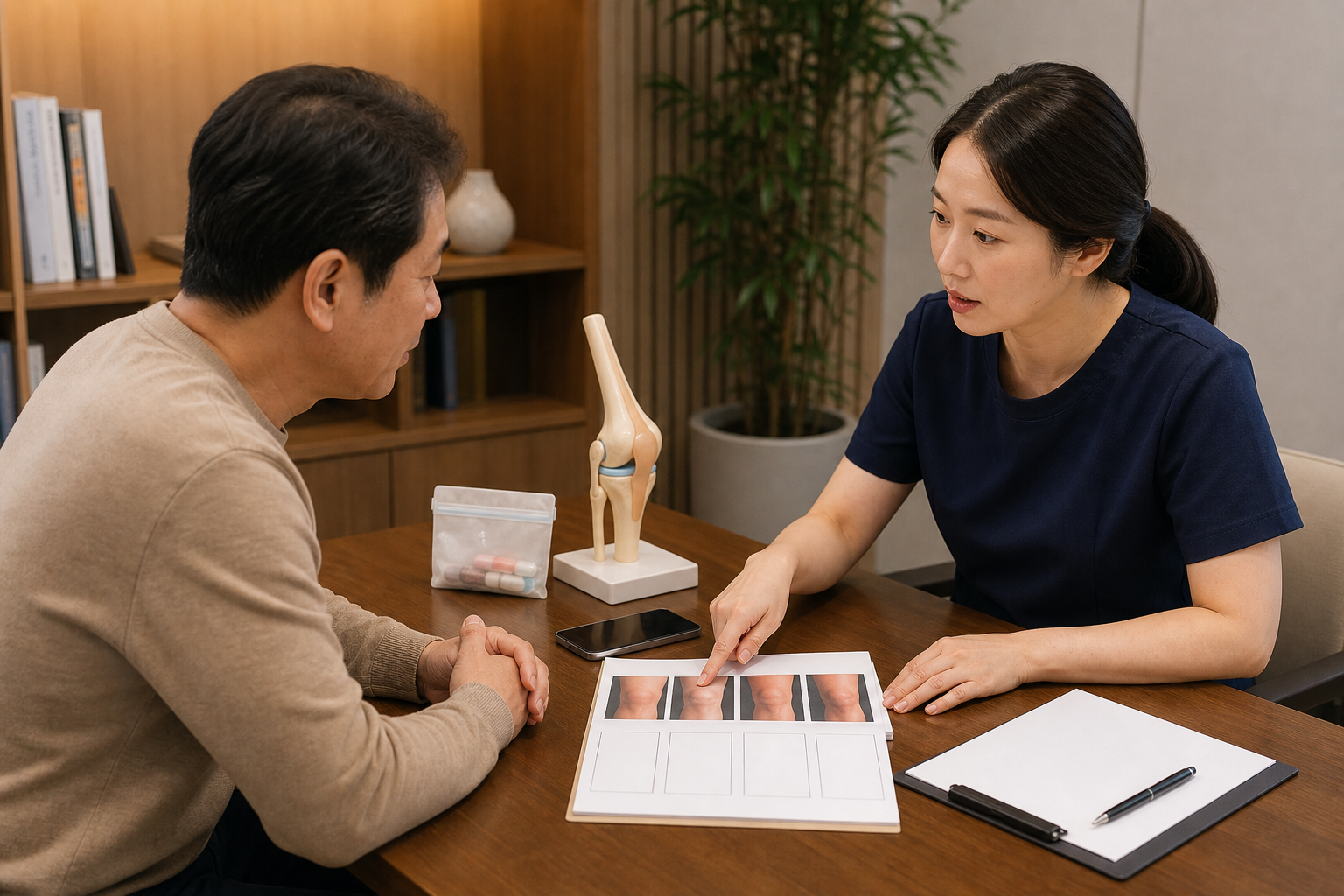 무릎 사진과 증상 시간표, 복용약 목록을 함께 살피며 경청하는 교육용 가상 건강상담 장면