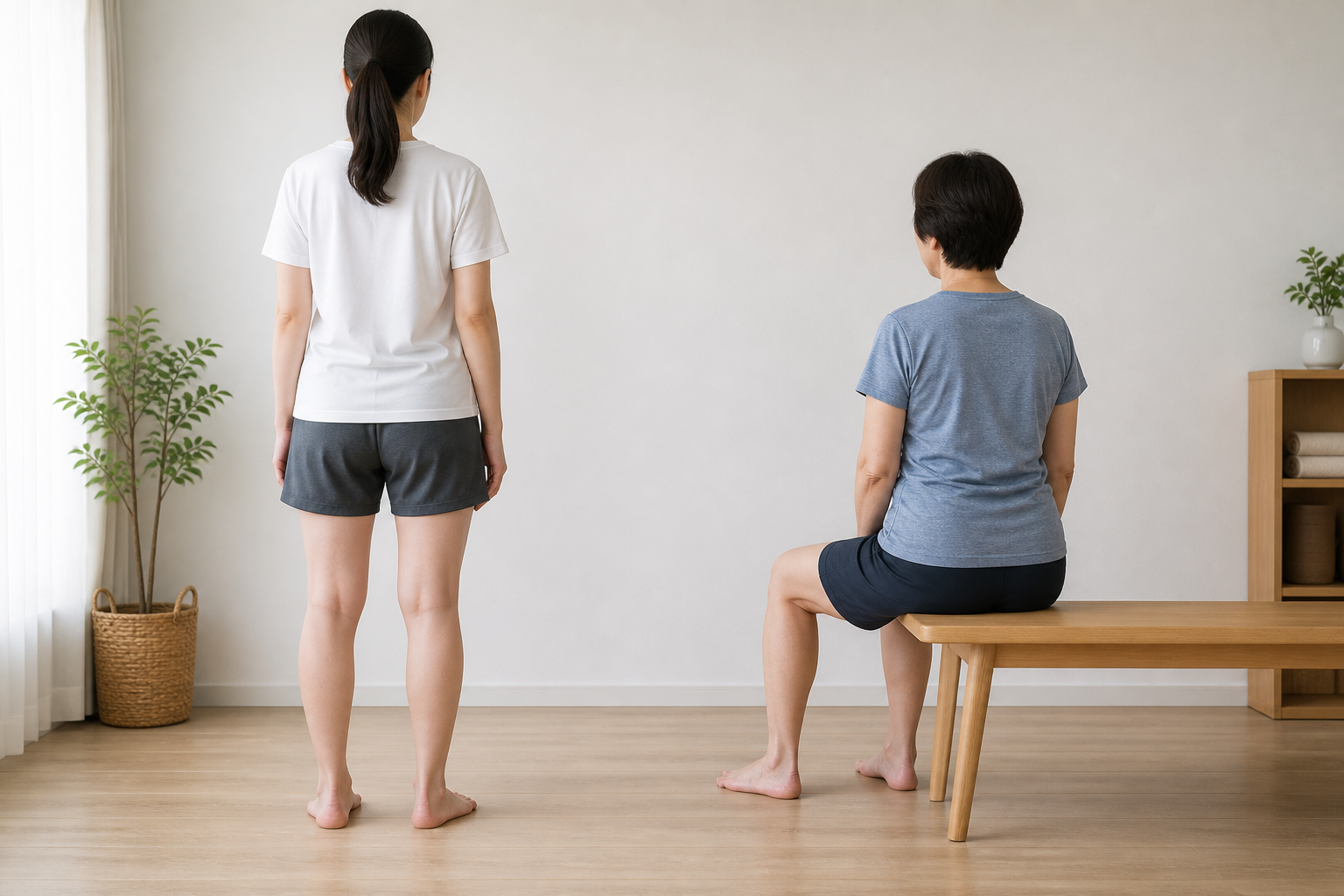 서 있는 자세와 의자에 앉은 자세에서 양쪽 무릎 뒤 윤곽을 차분히 비교하는 교육용 가상 장면