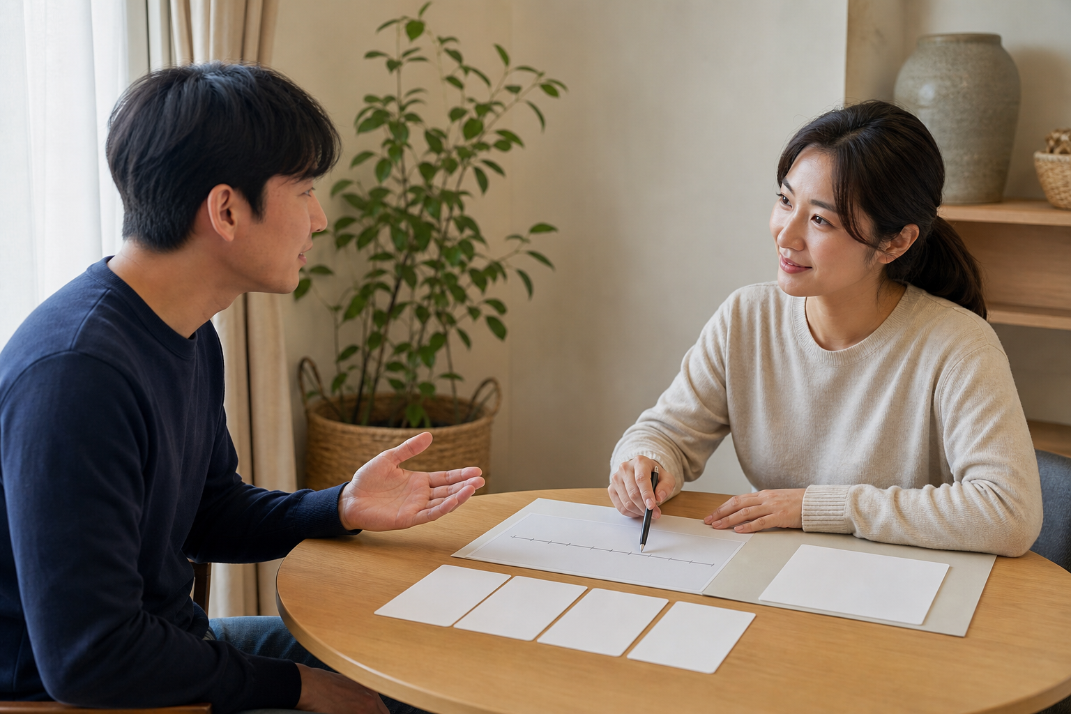 실제 의료진과 환자가 아닌 두 교육용 가상 성인이 첩약 적용 질문을 차분히 나누는 장면
