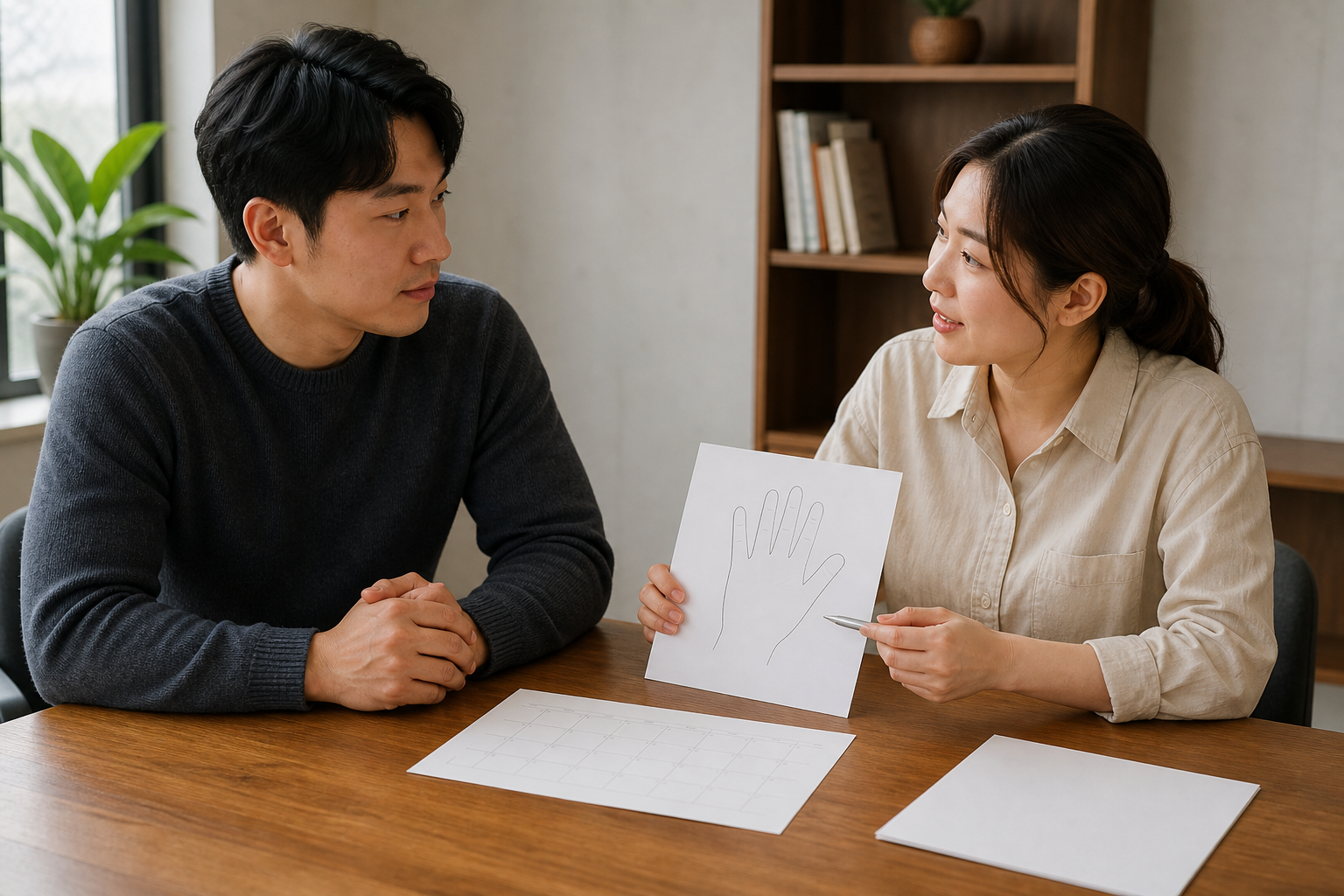 실제 의료진과 환자가 아닌 두 교육용 가상 성인이 손 그림과 빈 달력으로 저림 기록을 차분히 확인하는 장면