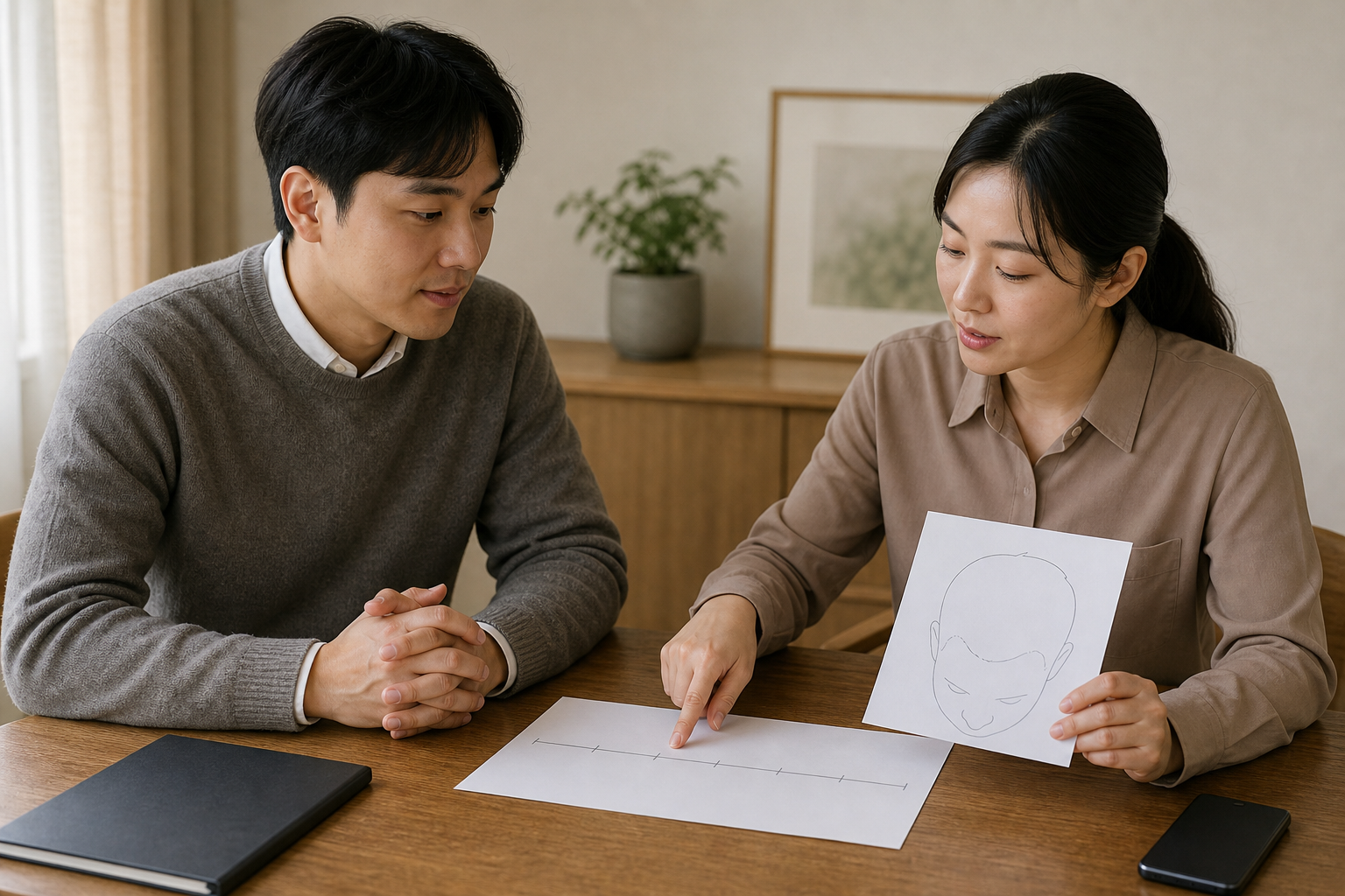 실제 의료진과 환자가 아닌 두 교육용 가상 성인이 빈 시간표와 두피 촬영 각도를 보며 감량과 빠짐 기록을 차분히 확인하는 장면