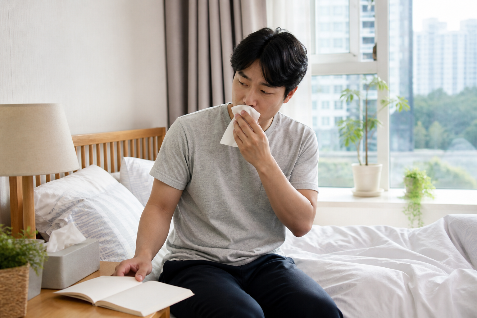 동탄 생활권의 아침 침실에서 재채기 뒤 증상 기록을 준비하는 교육용 가상 성인