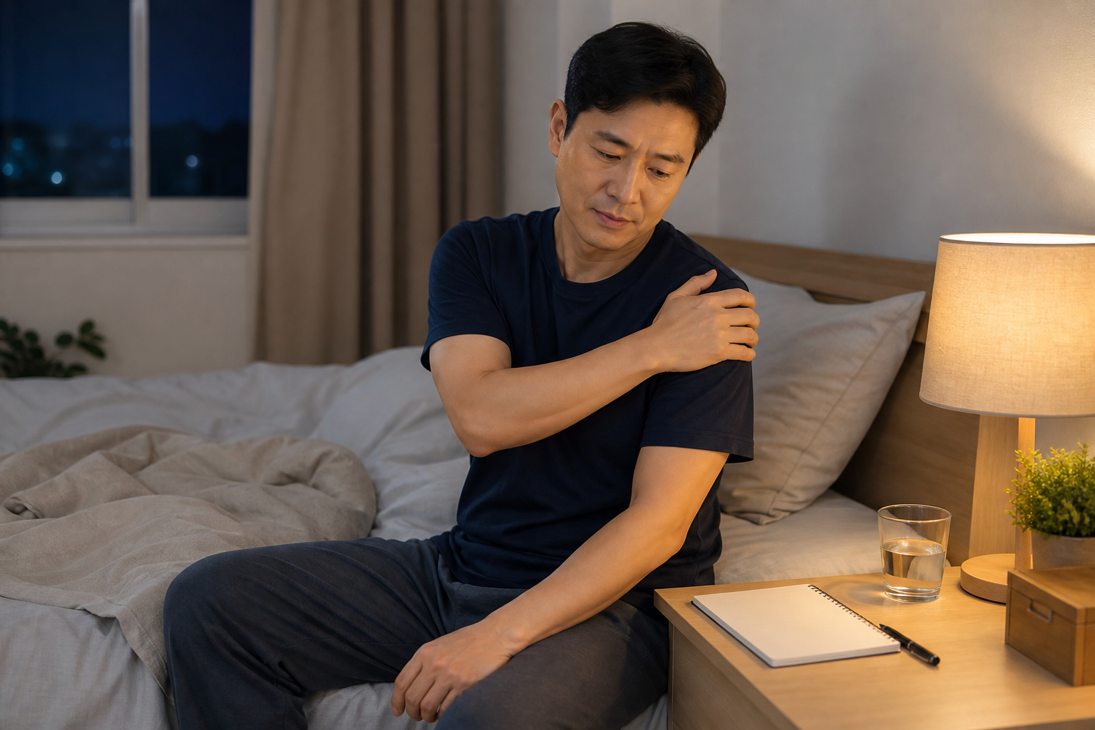 동탄 생활권의 침실에서 밤 어깨 불편과 잠에서 깬 시각을 기록하려는 교육용 가상 성인