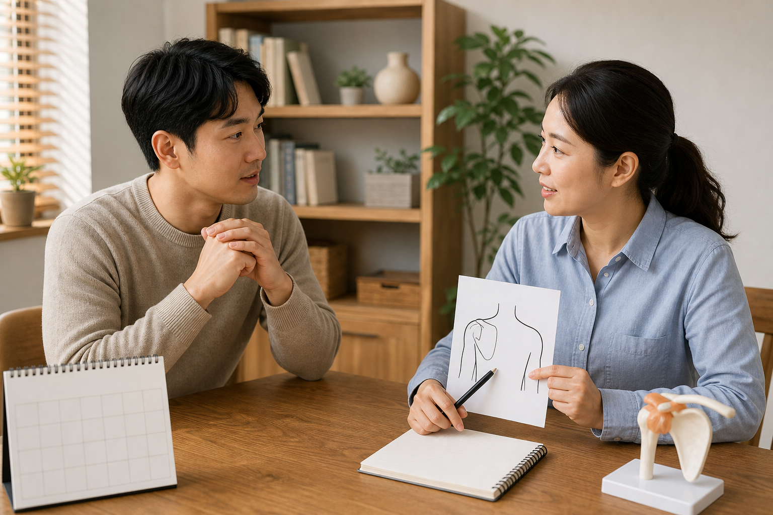 실제 의료진과 환자가 아닌 두 교육용 가상 성인이 어깨 움직임 기록을 함께 살펴보는 상담 장면