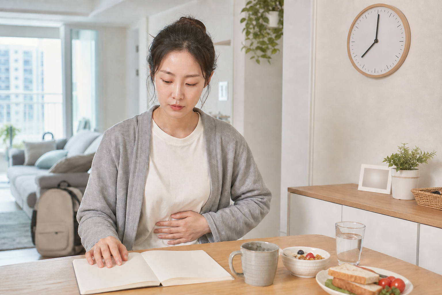동탄 생활권의 집에서 아침 복부 불편과 배변 시점을 적으려는 교육용 가상 성인
