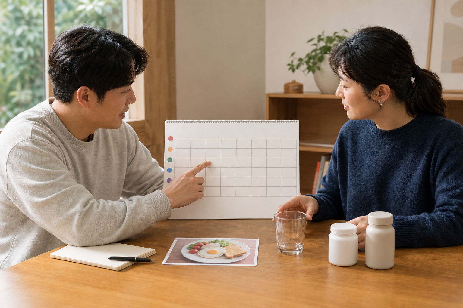 실제 의료진과 환자가 아닌 두 교육용 가상 성인이 빈 배변 기록표를 보며 아침 증상 순서를 차분히 정리하는 장면