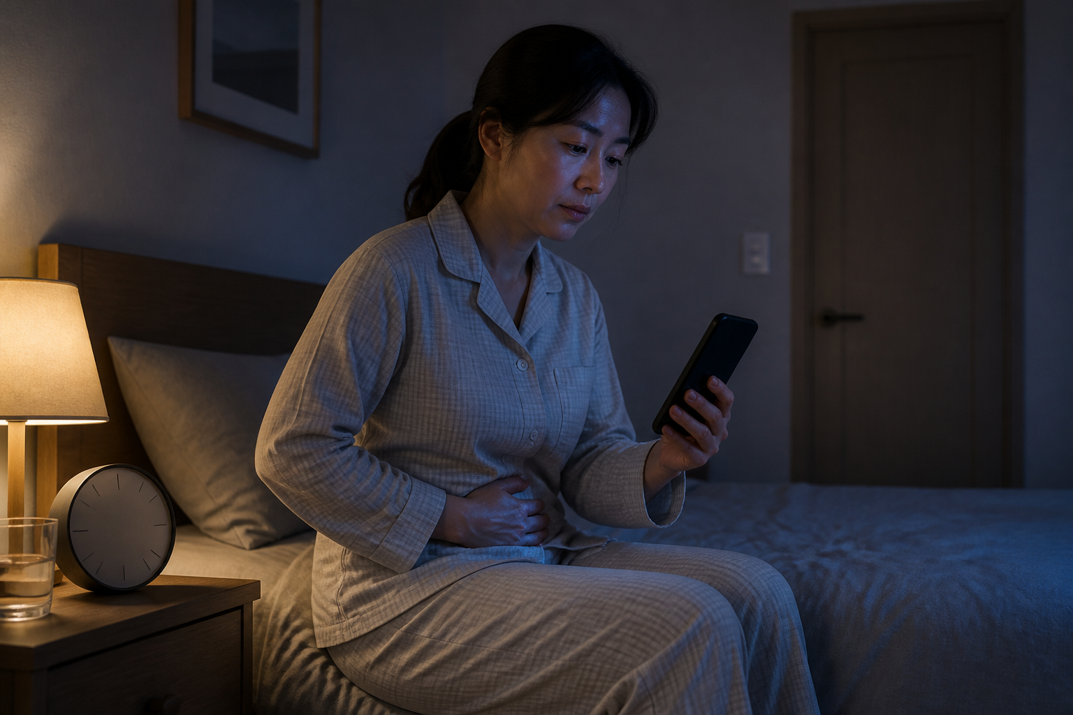 밤중 복부 증상으로 잠에서 깬 뒤 휴대전화로 의료기관 연락을 준비하는 교육용 가상 성인
