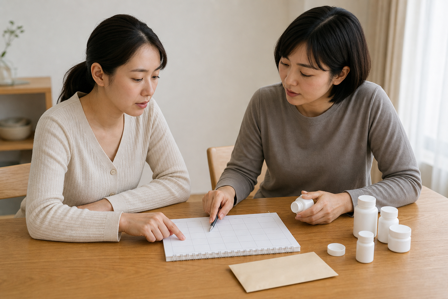복용약 용기와 빈 달력·검사 봉투를 함께 정리하는 교육용 가상 상담 장면