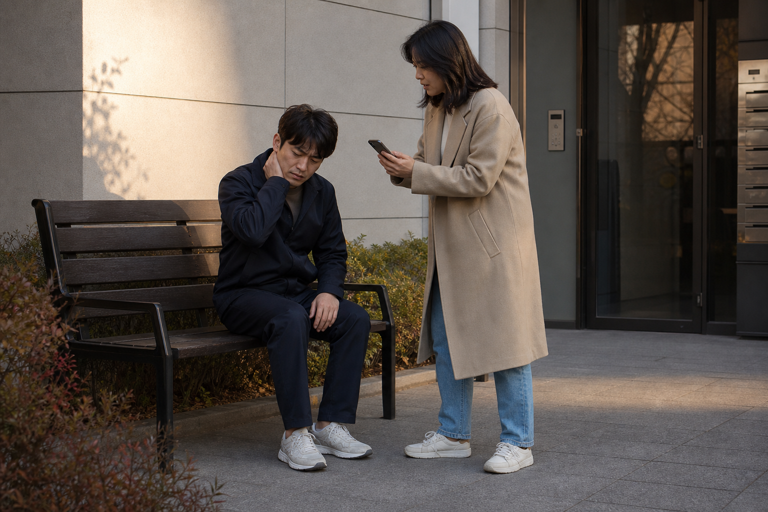 교통사고 뒤 목을 짚고 앉은 교육용 가상 성인 옆에서 보호자가 의료기관에 연락하는 장면