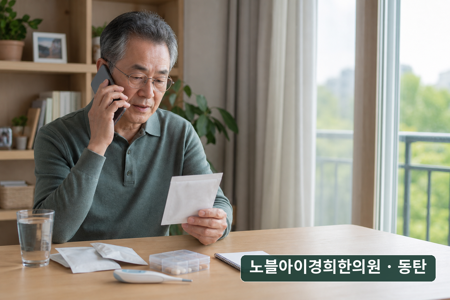 복용약 봉투를 옆에 두고 의료기관에 전화하는 고령 성인의 교육용 연출