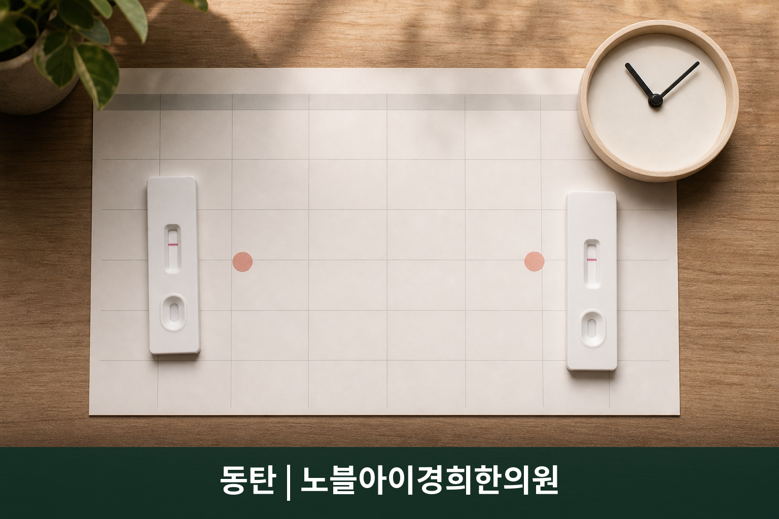 글자 없는 달력과 두 개의 검사 키트로 48시간 간격을 준비한 정물 장면
