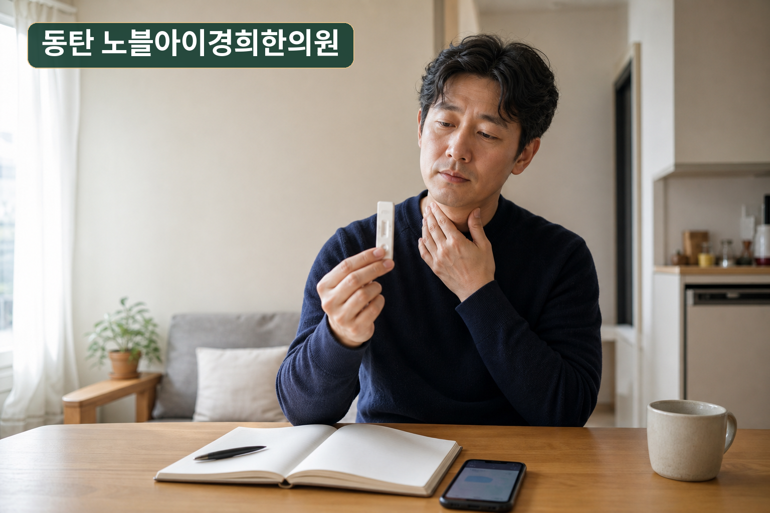 아침 식탁에서 자가검사 결과와 목 불편 증상을 함께 기록하는 성인의 교육용 연출