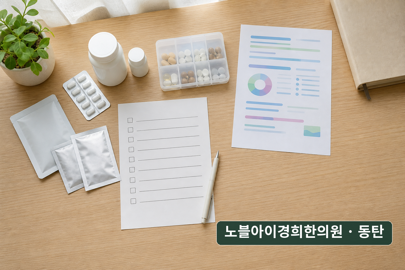 라벨 없는 약 봉투와 검사 결과지, 복용 목록을 한 자리에 정리한 교육용 정물