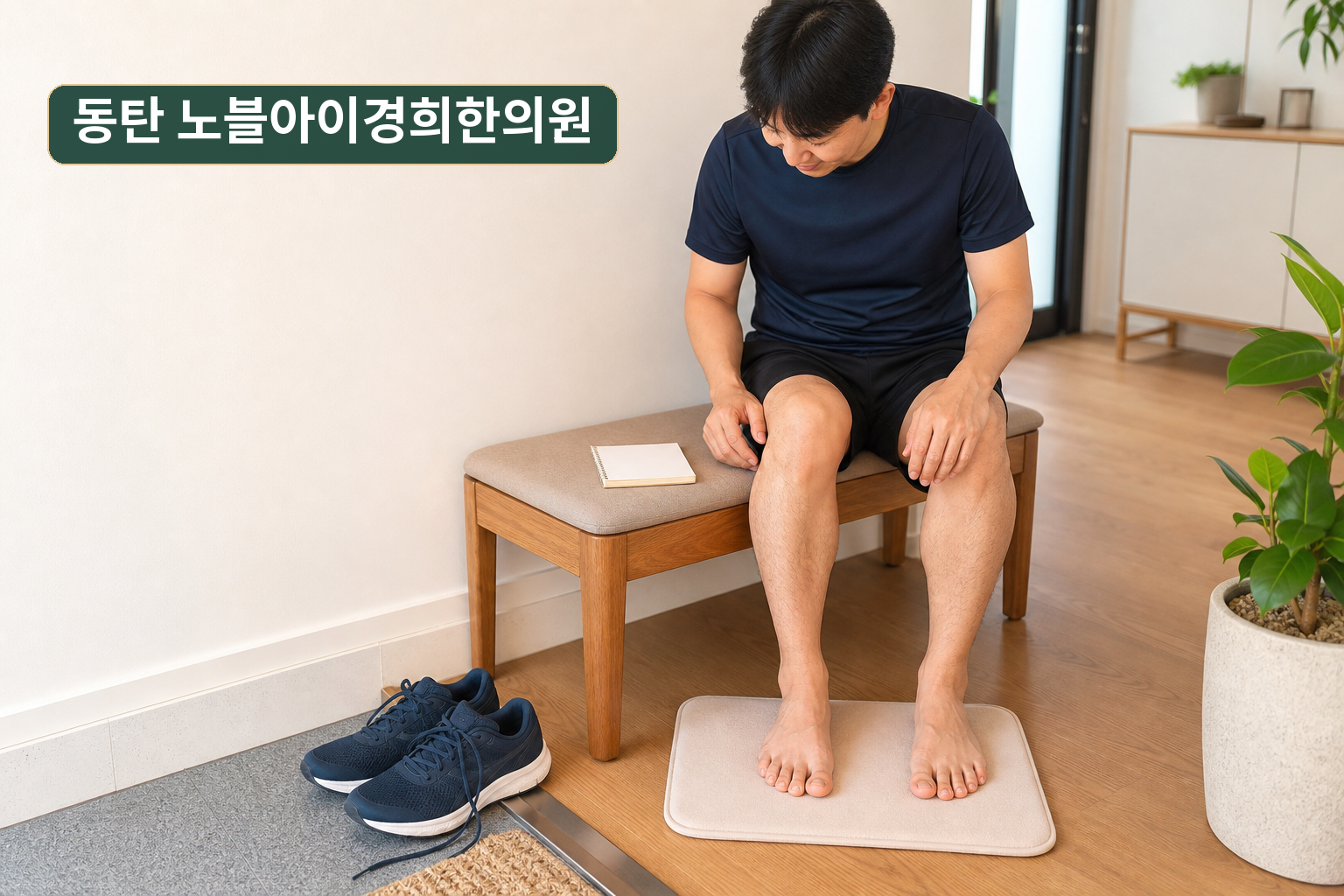 현관 벤치에서 두꺼워진 엄지발톱과 신발 사용 기록을 살피는 성인의 교육용 연출