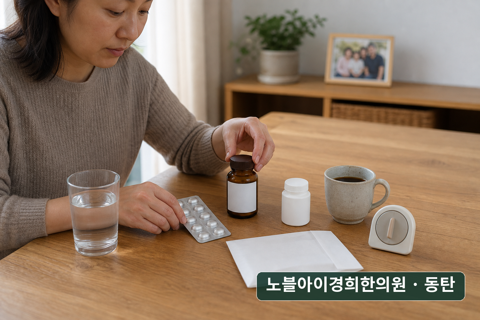 라벨 없는 약 봉투와 음료를 떨어뜨려 복용 순서를 정리하는 교육용 가상 성인