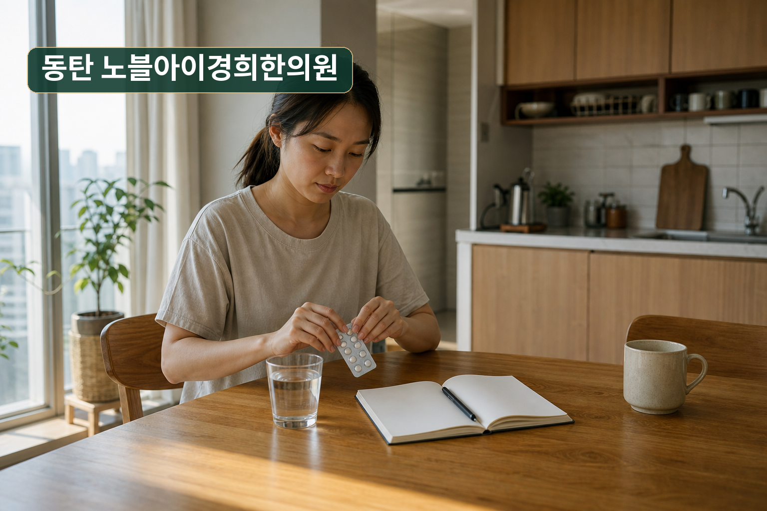 아침 식탁에서 철분제와 커피 시간을 빈 노트에 나누어 적는 교육용 가상 성인
