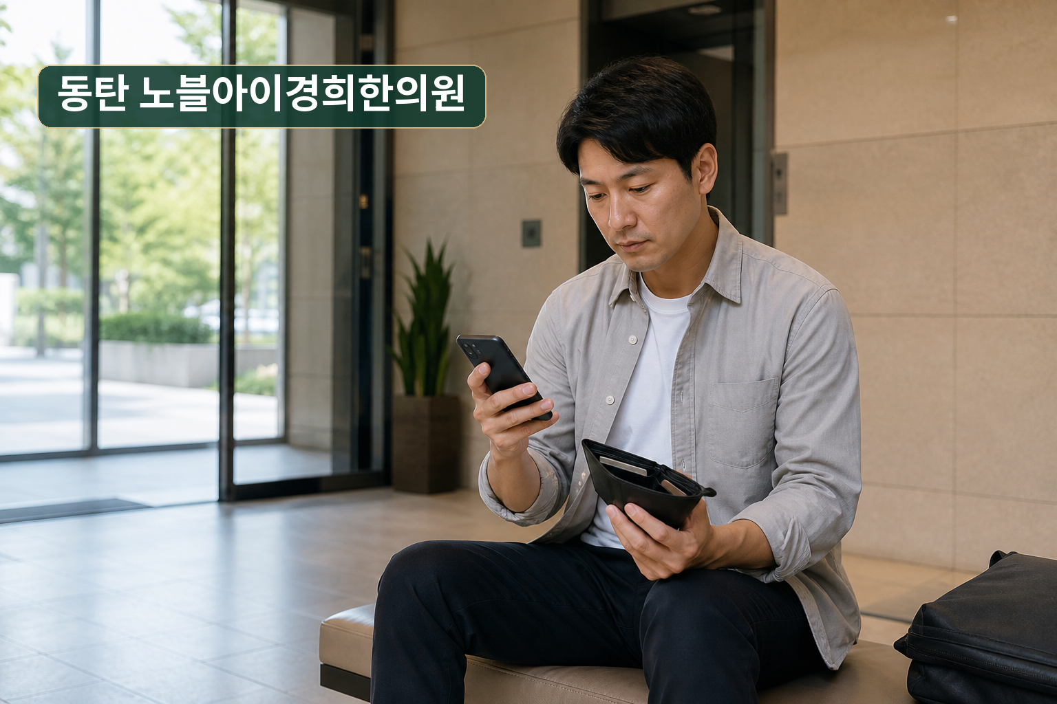 한의원 방문 전 휴대전화와 지갑을 함께 확인하는 교육용 가상 성인