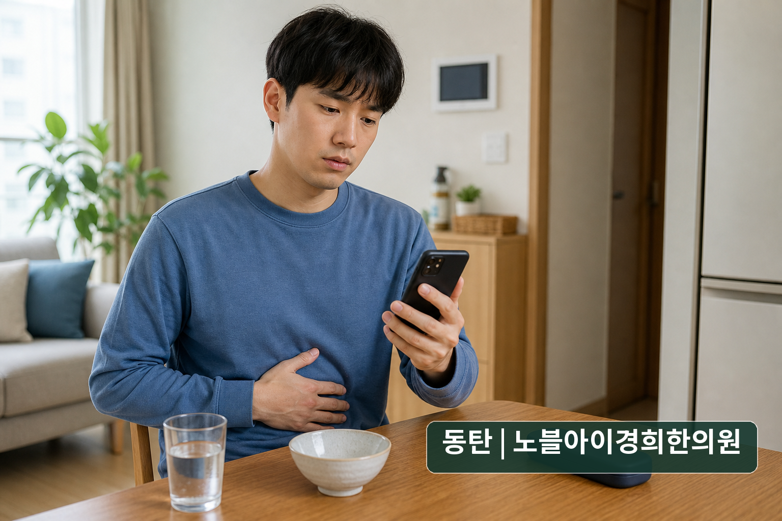 식후 더부룩함을 느껴 식사를 멈추고 시술기관 연락을 준비하는 교육용 가상 성인
