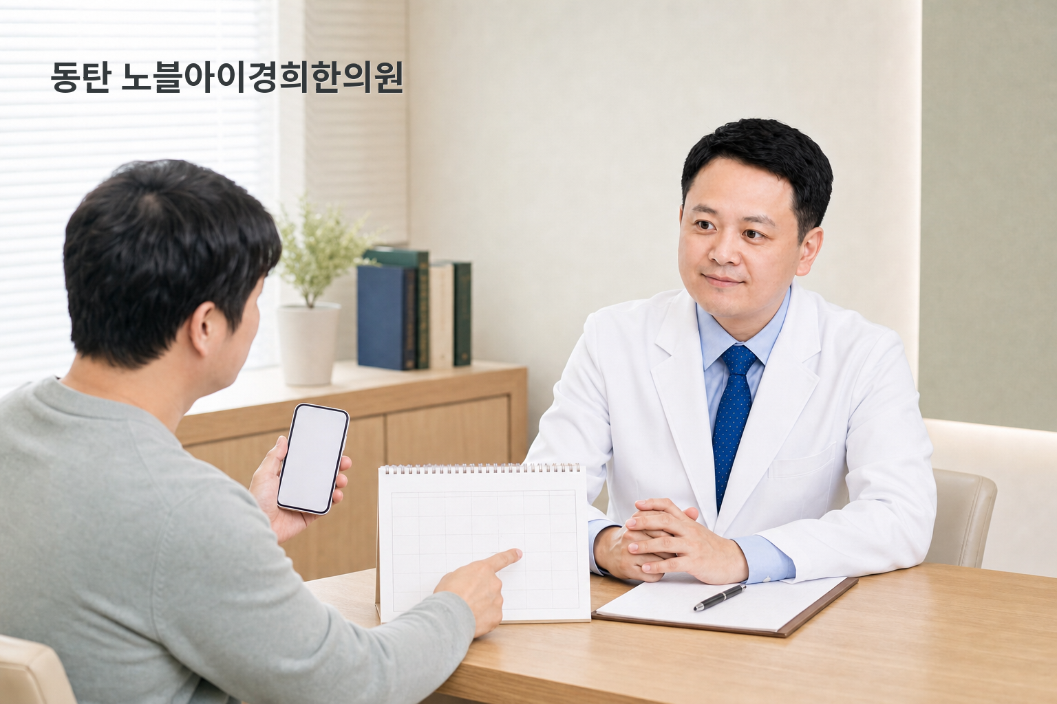 신민우 대표원장과 교육용 가상 방문자가 윗배 통증 시점과 복용약 사진을 함께 확인하는 연출 상담 장면