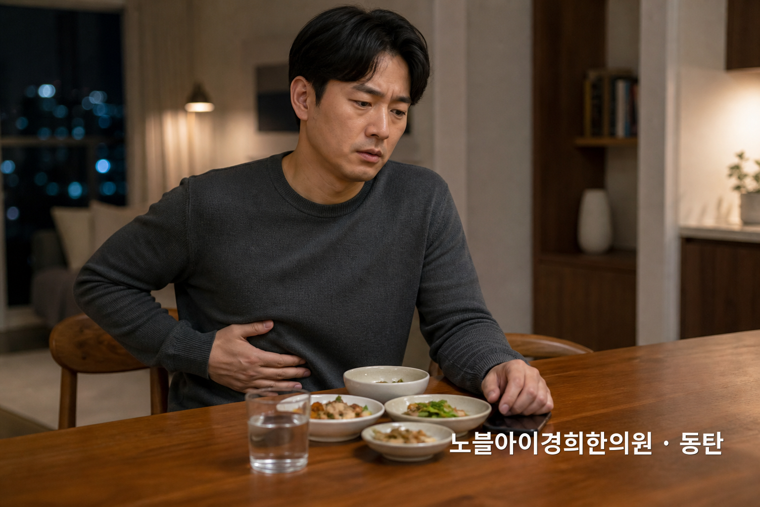 저녁 식사 중 오른쪽 갈비뼈 아래 통증을 느껴 휴대전화로 의료기관 연락을 준비하는 교육용 가상 성인