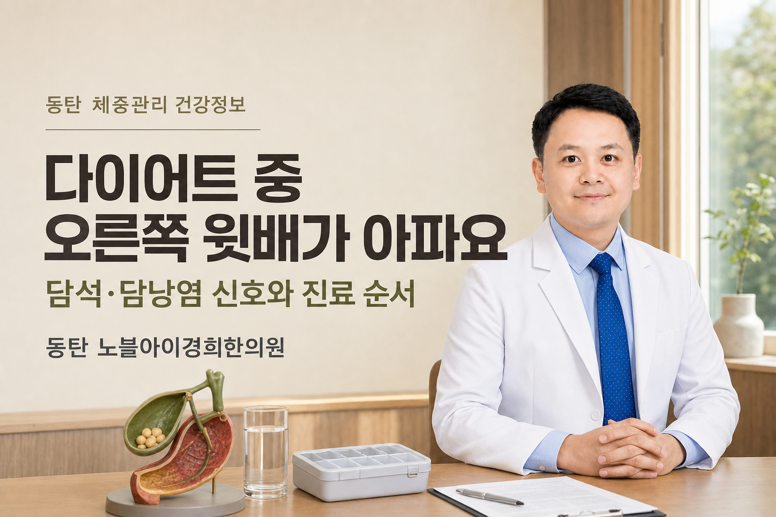 신민우 대표원장이 담낭 모형과 복용 기록을 곁에 두고 체중 감량 중 윗배 통증 확인 순서를 안내하는 장면