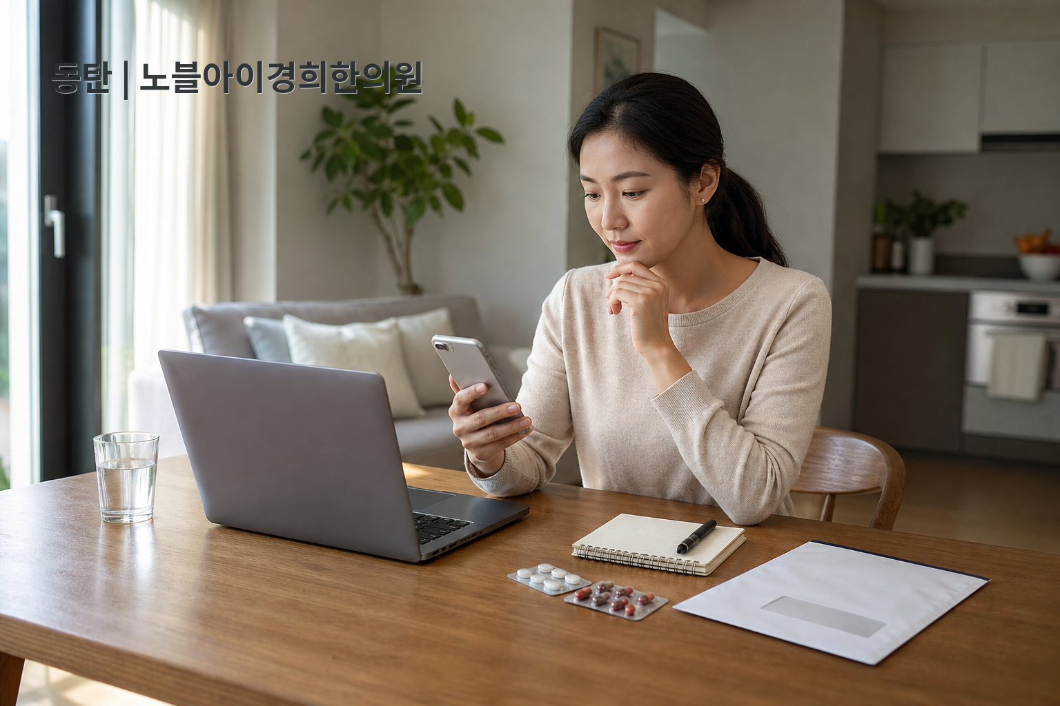 집에서 의료기관 정보와 예약 시간을 보며 복용약과 질문을 함께 준비하는 교육용 가상 성인