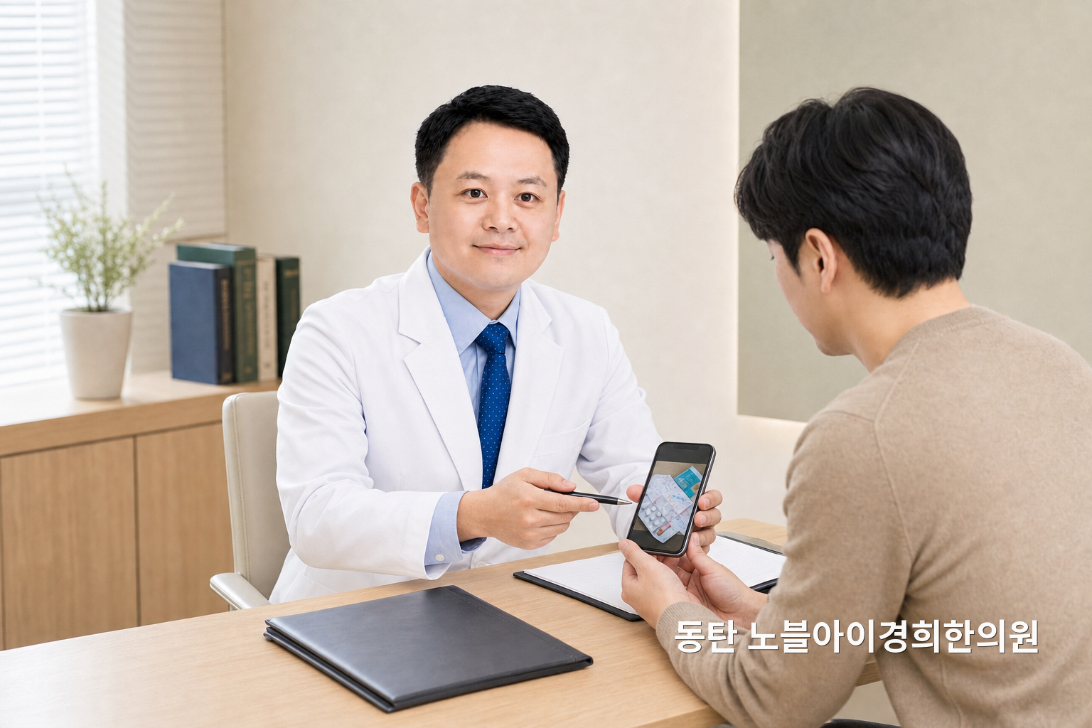 신민우 대표원장과 교육용 가상 방문자가 복용약 사진과 이전 검사 자료를 확인하는 연출 상담 장면