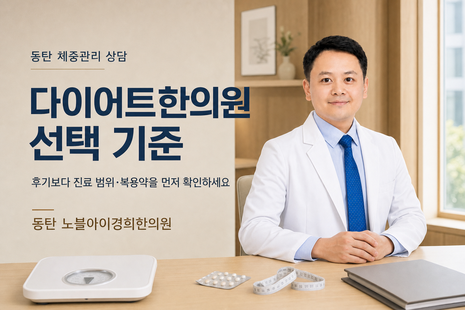 신민우 대표원장이 체중계와 복용약 자료를 곁에 두고 다이어트한의원 선택 기준을 안내하는 장면