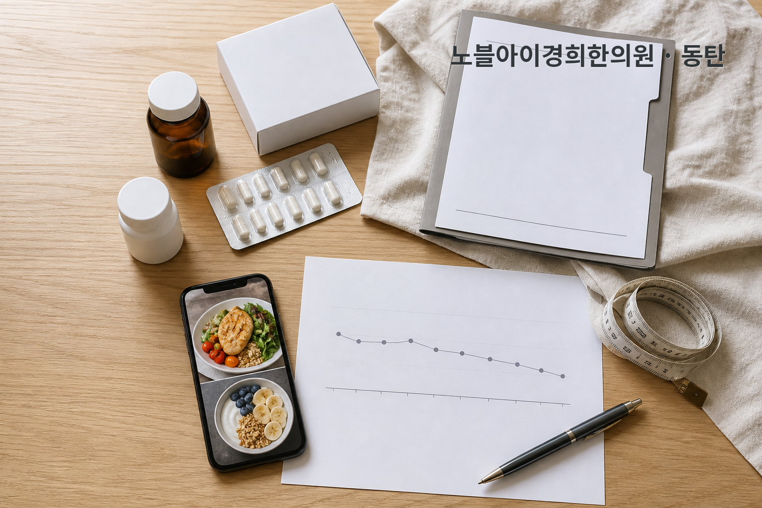 복용약 사진과 최근 검사 자료, 식사 사진과 짧은 체중 흐름을 한자리에 모은 상담 준비 정물